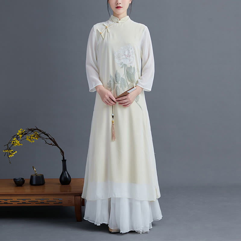 Buddha Stones 2 pezzi Peonia Fiore Cheongsam Midi Abito Gonna Chiffon Zen Abbigliamento Donna Set - image 1