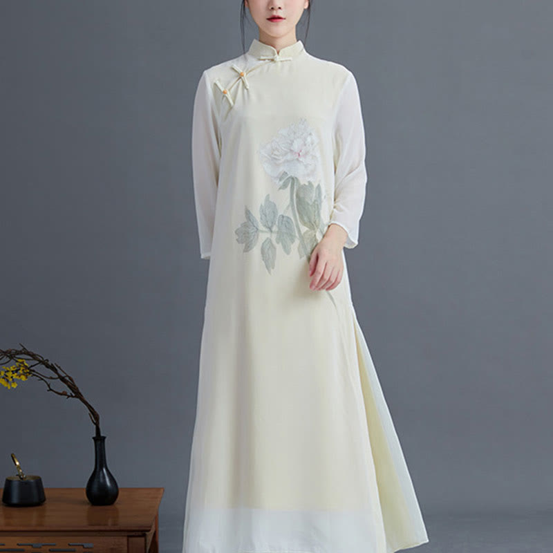 Buddha Stones 2 pezzi Peonia Fiore Cheongsam Midi Abito Gonna Chiffon Zen Abbigliamento Donna Set