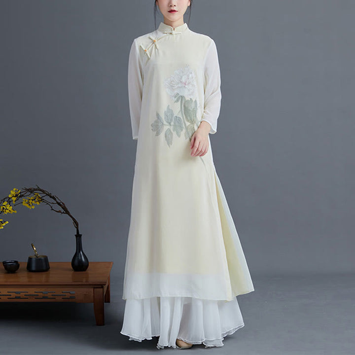Buddha Stones 2 pezzi Peonia Fiore Cheongsam Midi Abito Gonna Chiffon Zen Abbigliamento Donna Set