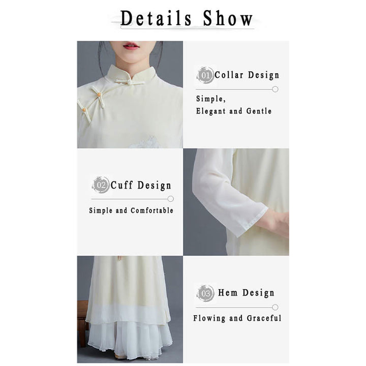 Buddha Stones 2 pezzi Peonia Fiore Cheongsam Midi Abito Gonna Chiffon Zen Abbigliamento Donna Set - image 4