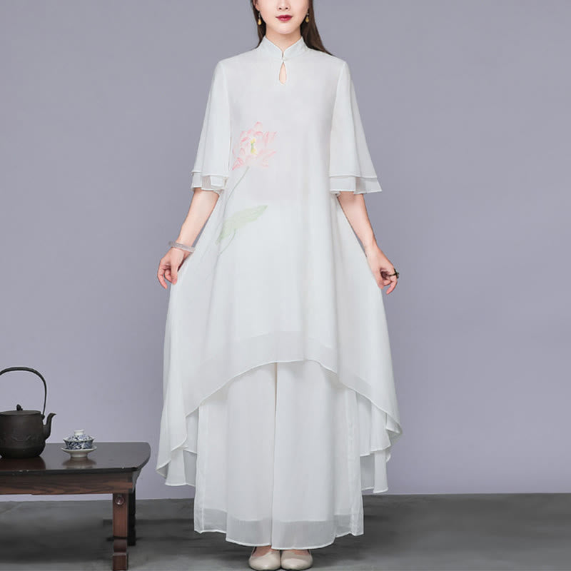 Buddha Stones 2 pezzi fiore di loto cheongsam midi vestito pantaloni gamba larga chiffon zen set da donna - Abito e pantaloni - US12, UK/AU16, EU44 (2XL)  - image 0