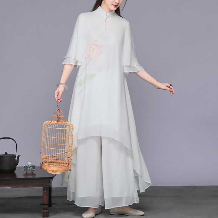 Buddha Stones 2 pezzi fiore di loto cheongsam midi vestito pantaloni gamba larga chiffon zen set da donna