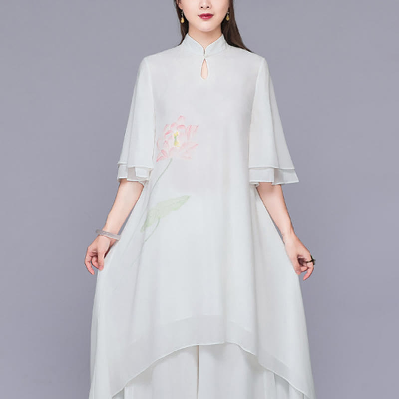 Buddha Stones 2 pezzi fiore di loto cheongsam midi vestito pantaloni gamba larga chiffon zen set da donna