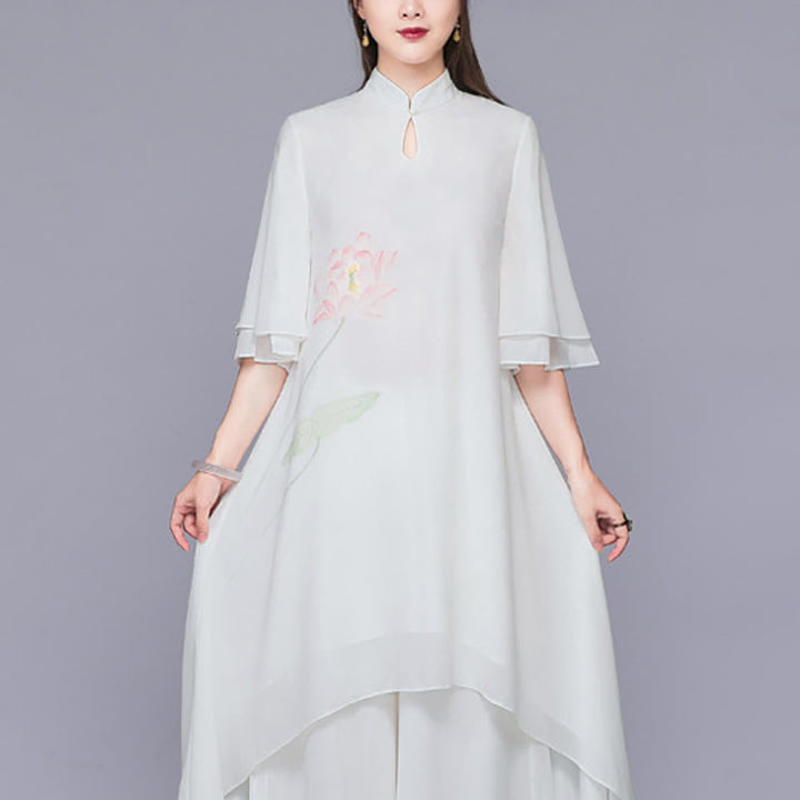 Buddha Stones 2 pezzi fiore di loto cheongsam midi vestito pantaloni gamba larga chiffon zen set da donna