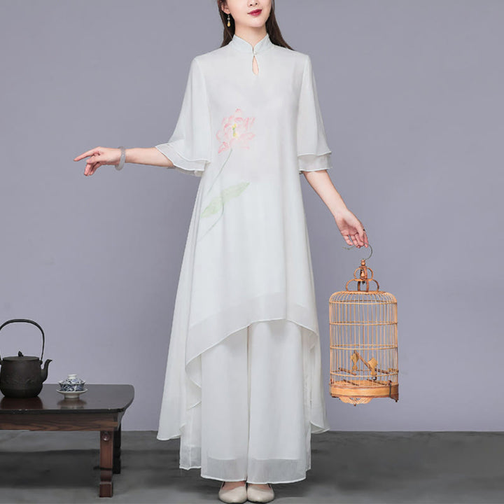 Buddha Stones 2 pezzi fiore di loto cheongsam midi vestito pantaloni gamba larga chiffon zen set da donna - image 1