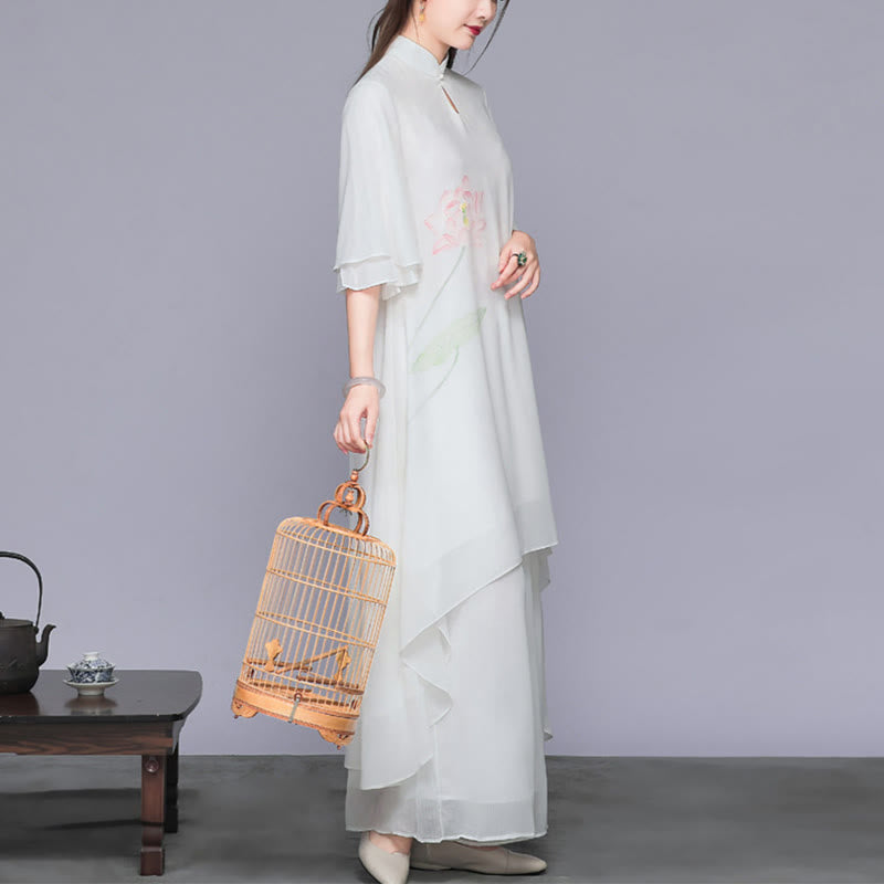 Buddha Stones 2 pezzi fiore di loto cheongsam midi vestito pantaloni gamba larga chiffon zen set da donna