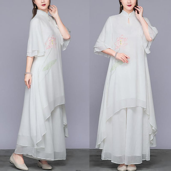 Buddha Stones 2 pezzi fiore di loto cheongsam midi vestito pantaloni gamba larga chiffon zen set da donna