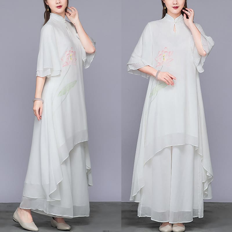 Buddha Stones 2 pezzi fiore di loto cheongsam midi vestito pantaloni gamba larga chiffon zen set da donna - image 4