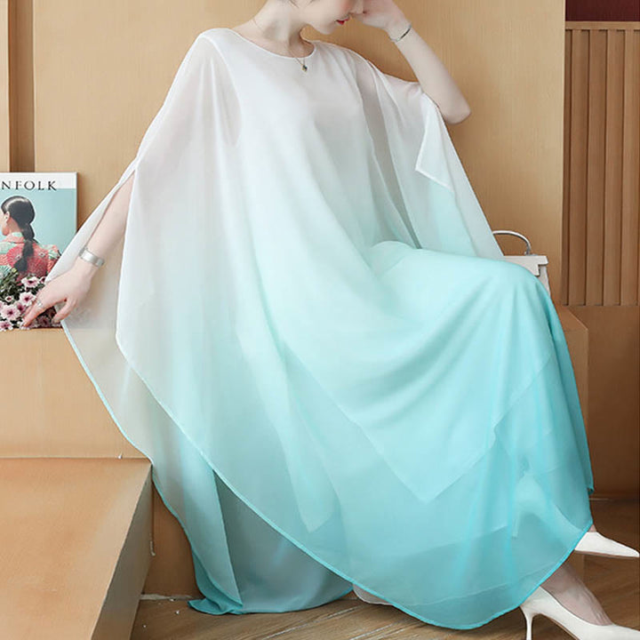 Abito midi in chiffon a mezza manica con sfumature di colore, per meditazione e pratica zen, Buddha Stones
