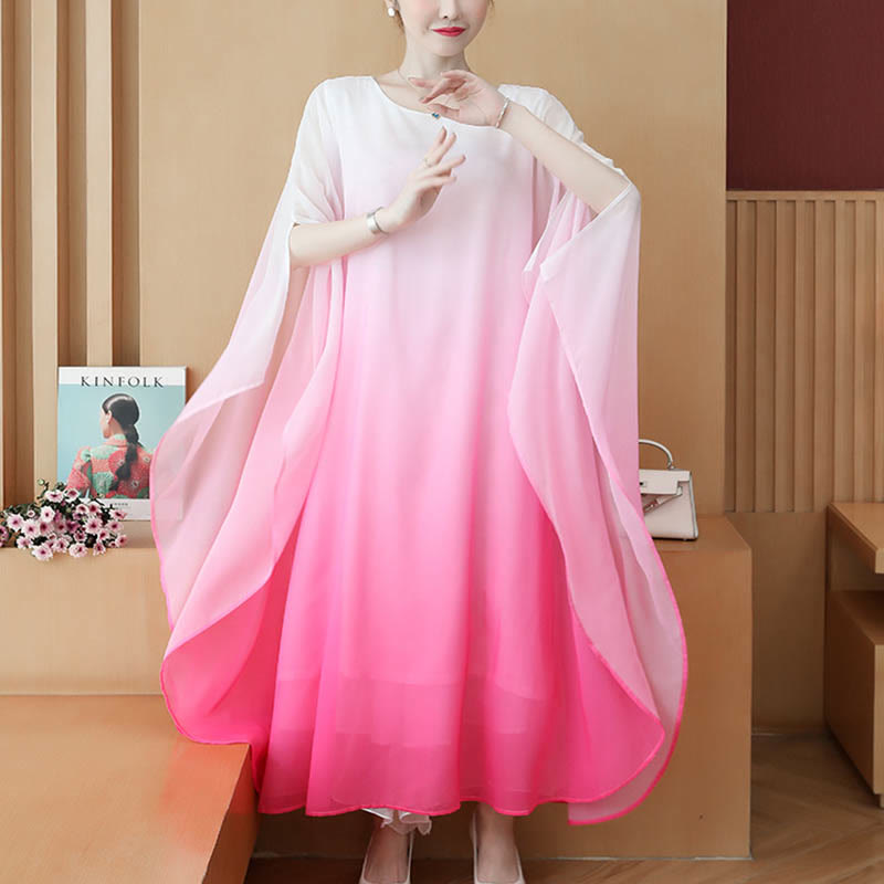 Abito midi in chiffon a mezza manica con sfumature di colore, per meditazione e pratica zen, Buddha Stones