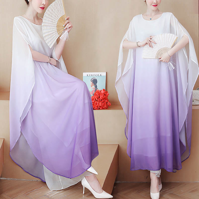 Abito midi in chiffon a mezza manica con sfumature di colore, per meditazione e pratica zen, Buddha Stones