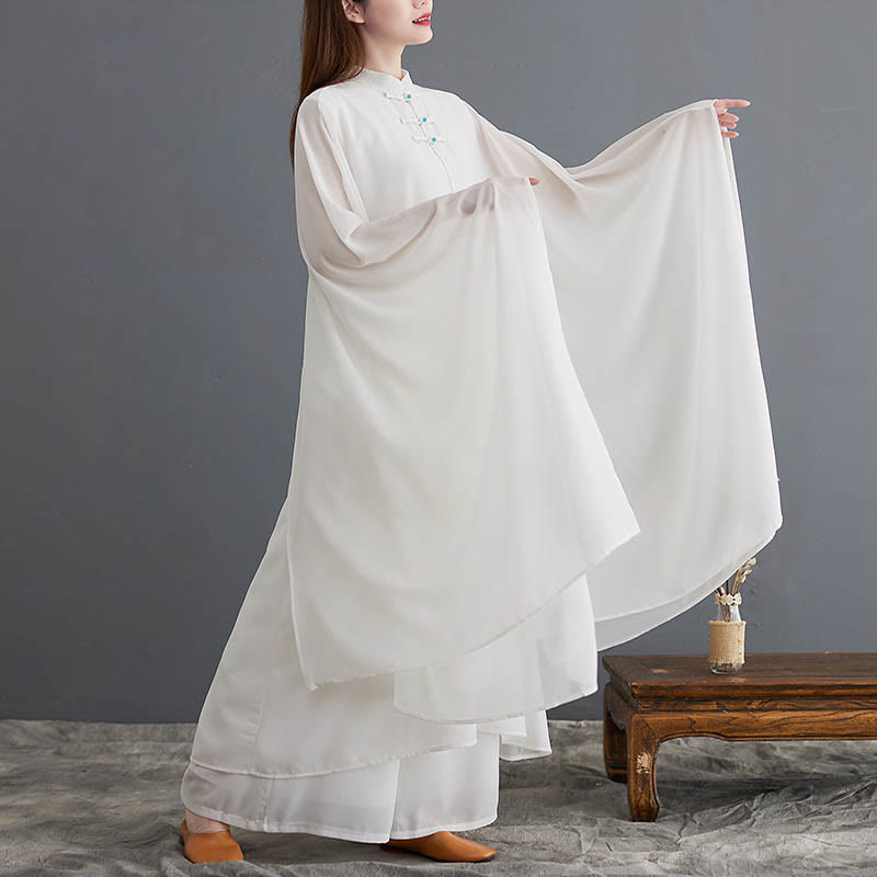 Buddha Stones 2 pezzi Frog-Bottone Manica lunga Midi Dress Pantaloni gamba larga Chiffon Zen Set da donna