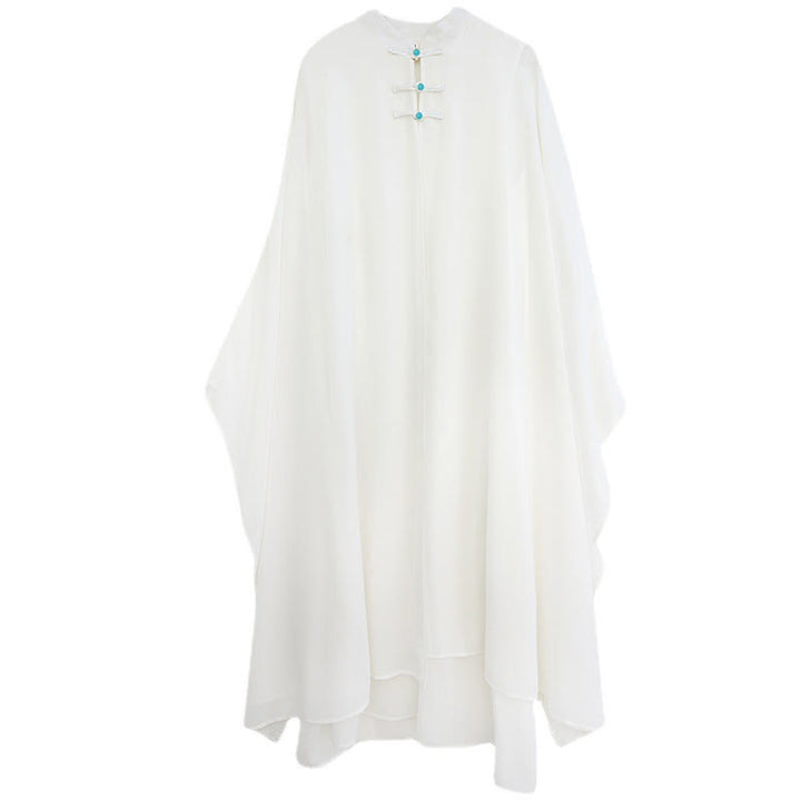 Buddha Stones 2 pezzi Frog-Bottone Manica lunga Midi Dress Pantaloni gamba larga Chiffon Zen Set da donna