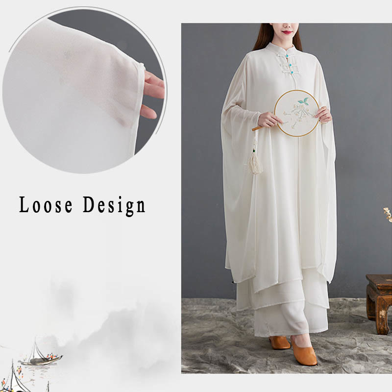 Buddha Stones 2 pezzi Frog-Bottone Manica lunga Midi Dress Pantaloni gamba larga Chiffon Zen Set da donna