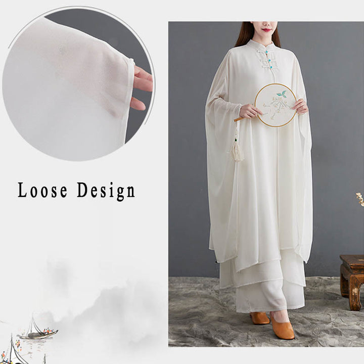 Buddha Stones 2 pezzi Frog-Bottone Manica lunga Midi Dress Pantaloni gamba larga Chiffon Zen Set da donna