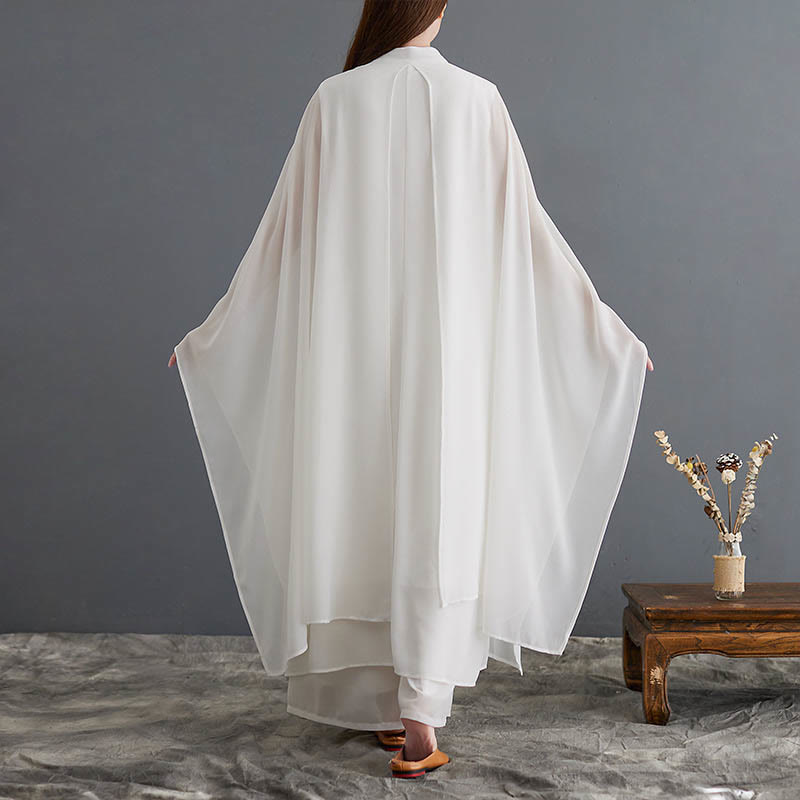 Buddha Stones 2 pezzi Frog-Bottone Manica lunga Midi Dress Pantaloni gamba larga Chiffon Zen Set da donna - image 2