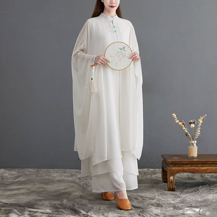 Buddha Stones 2 pezzi Frog-Bottone Manica lunga Midi Dress Pantaloni gamba larga Chiffon Zen Set da donna