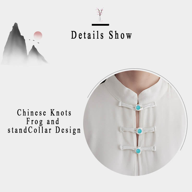 Buddha Stones 2 pezzi Frog-Bottone Manica lunga Midi Dress Pantaloni gamba larga Chiffon Zen Set da donna