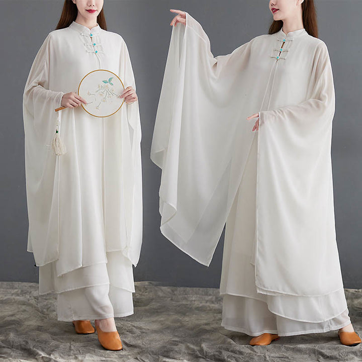 Buddha Stones 2 pezzi Frog-Bottone Manica lunga Midi Dress Pantaloni gamba larga Chiffon Zen Set da donna