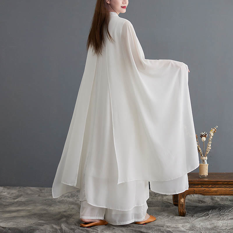 Buddha Stones 2 pezzi Frog-Bottone Manica lunga Midi Dress Pantaloni gamba larga Chiffon Zen Set da donna