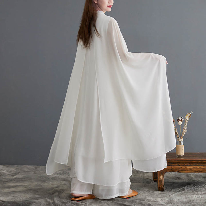 Buddha Stones 2 pezzi Frog-Bottone Manica lunga Midi Dress Pantaloni gamba larga Chiffon Zen Set da donna