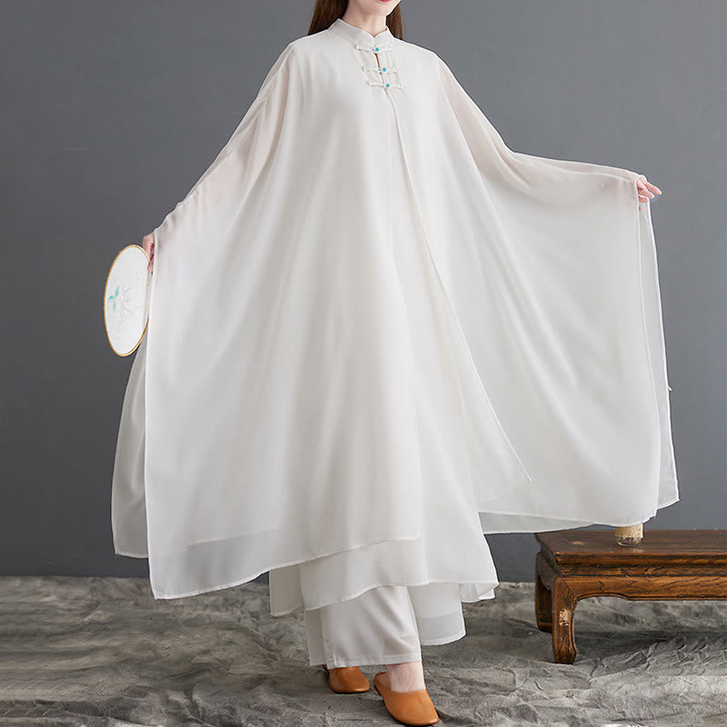 Buddha Stones 2 pezzi Frog-Bottone Manica lunga Midi Dress Pantaloni gamba larga Chiffon Zen Set da donna - image 5