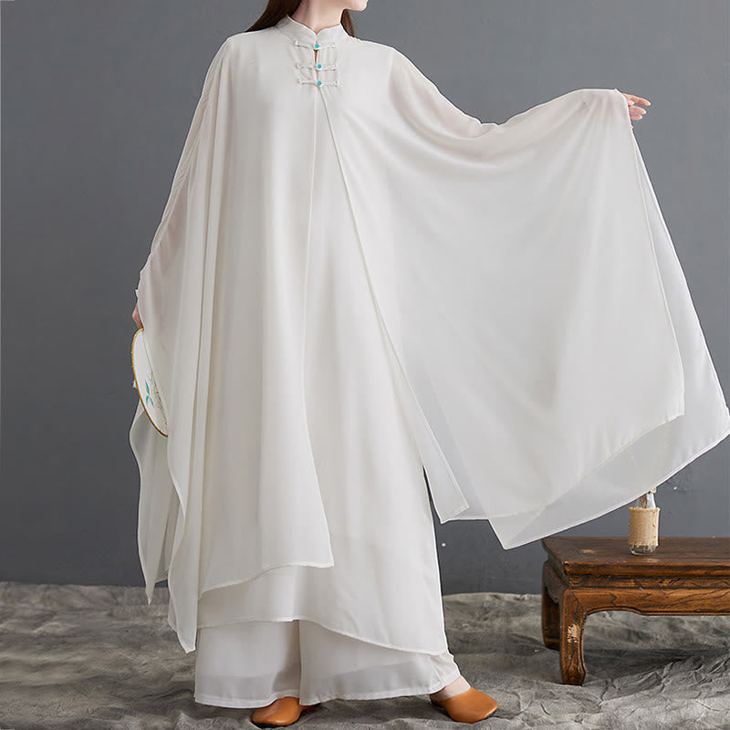 Buddha Stones 2 pezzi Frog-Bottone Manica lunga Midi Dress Pantaloni gamba larga Chiffon Zen Set da donna