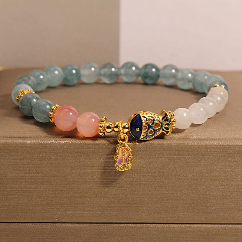 Buddha Stones Giada Yanyuan Agata Giada bianca Pesce Koi Scrittura Ciondolo Braccialetto della fortuna