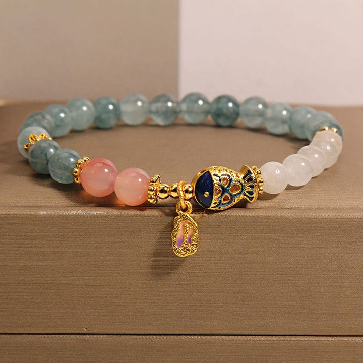 Buddha Stones Giada Yanyuan Agata Giada bianca Pesce Koi Scrittura Ciondolo Braccialetto della fortuna