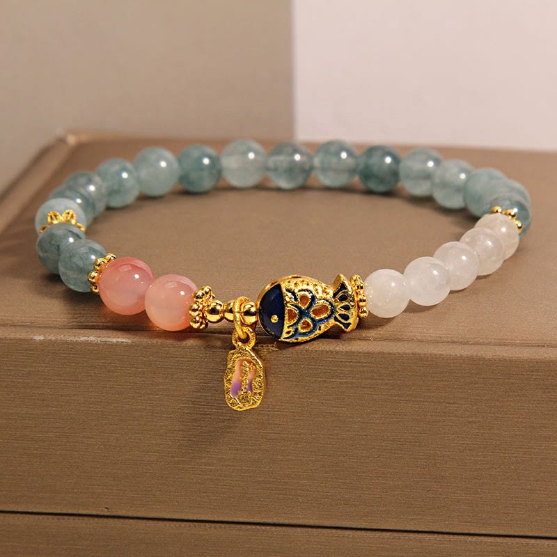 Buddha Stones Giada Yanyuan Agata Giada bianca Pesce Koi Scrittura Ciondolo Braccialetto della fortuna