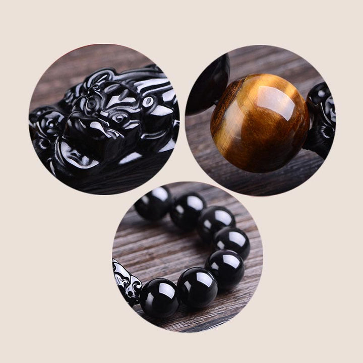 Braccialetto Buddha Stones in ossidiana nera naturale PiXiu Tiger's Eye Strength