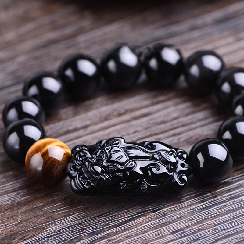 Braccialetto Buddha Stones in ossidiana nera naturale PiXiu Tiger's Eye Strength