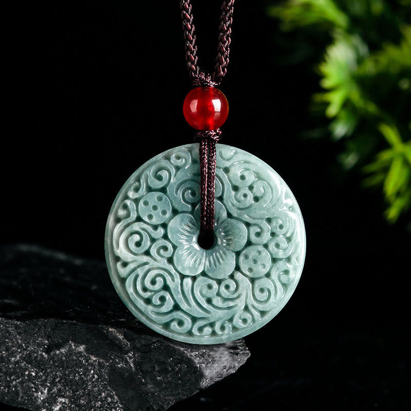 Collana con ciondolo con fibbia della pace intagliata con fiore di giada verde Buddha Stones Abbondanza - Giada (giada naturale, colore e dimensioni possono variare) - image 0