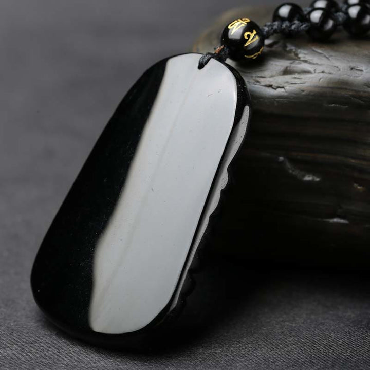 Collana con ciondolo di perline di forza incisa con pesce koi in ossidiana nera Buddha Stones - image 5