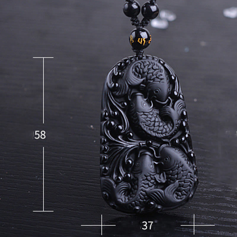 Collana con ciondolo di perline di forza incisa con pesce koi in ossidiana nera Buddha Stones - image 16