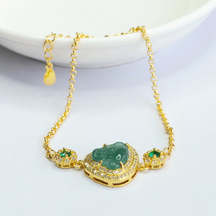 Braccialetto a catena con zirconi verdi e giada Buddha Stones Laughing Buddha