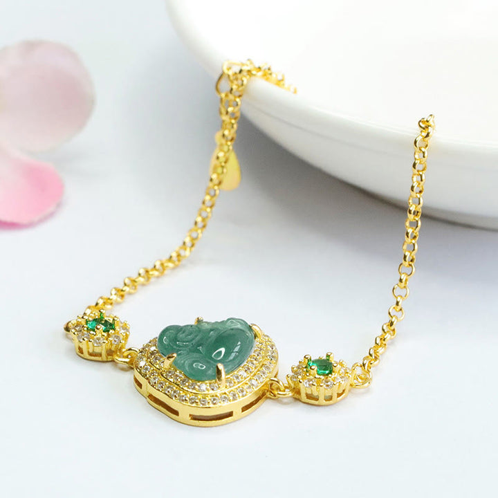 Braccialetto a catena con zirconi verdi e giada Buddha Stones Laughing Buddha