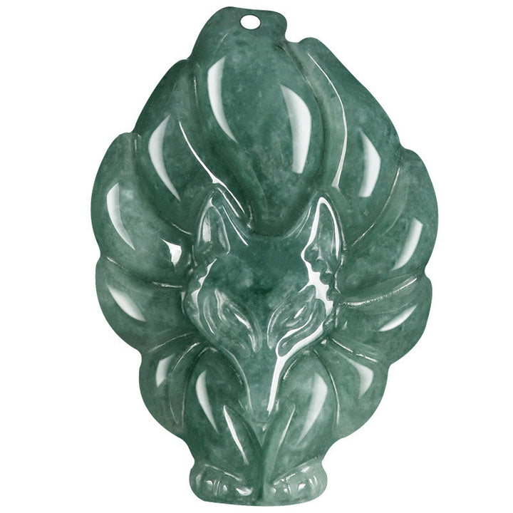 Collana con ciondolo portafortuna a forma di volpe a nove code in giada verde naturale Buddha Stones