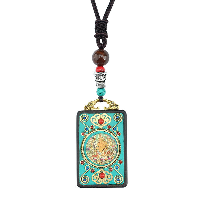 Buddha Stones Tibet Dio della Ricchezza Albero dei Soldi Fenice Dorata Thangka Ebano Collana Pendente della Pace