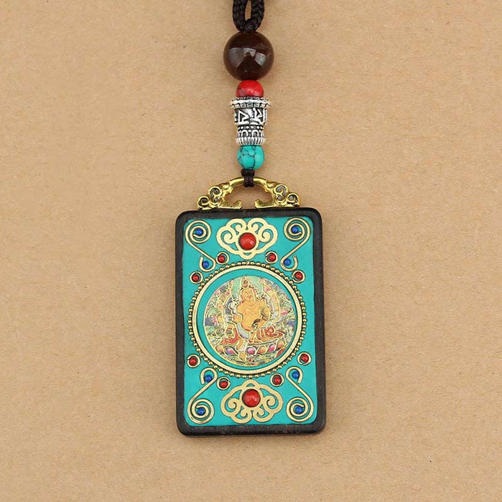 Buddha Stones Tibet Dio della Ricchezza Albero dei Soldi Fenice Dorata Thangka Ebano Collana Pendente della Pace