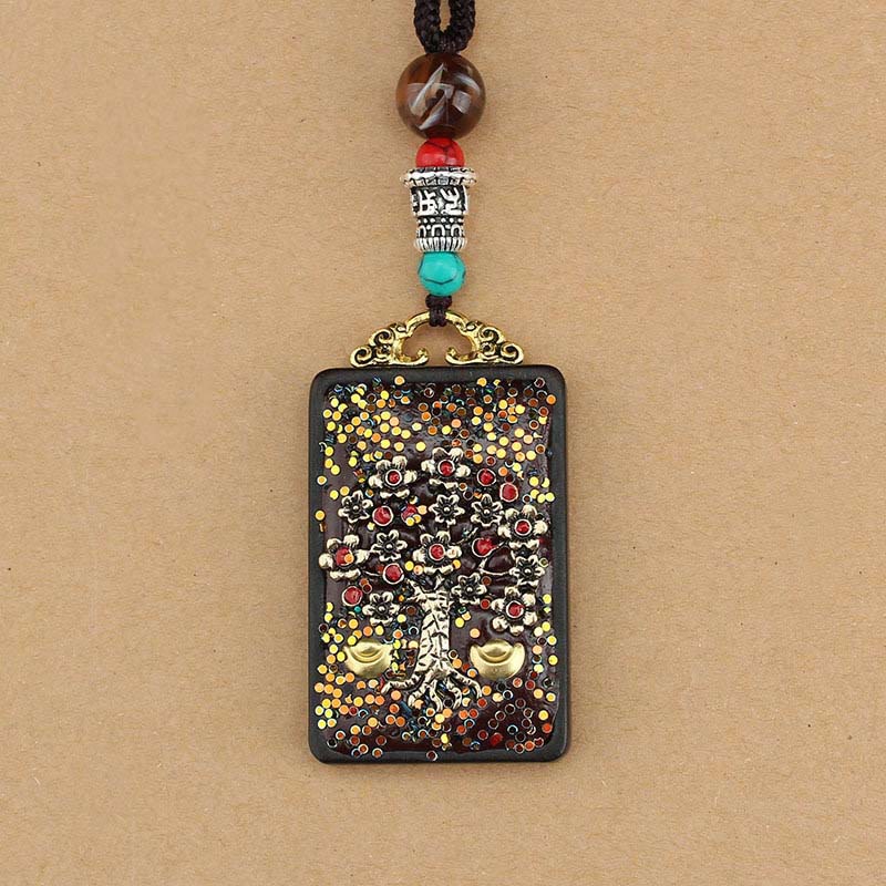Buddha Stones Tibet Dio della Ricchezza Albero dei Soldi Fenice Dorata Thangka Ebano Collana Pendente della Pace