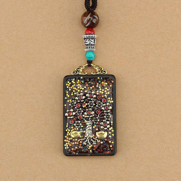 Buddha Stones Tibet Dio della Ricchezza Albero dei Soldi Fenice Dorata Thangka Ebano Collana Pendente della Pace