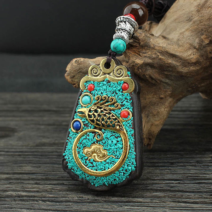 Buddha Stones Tibet Dio della Ricchezza Albero dei Soldi Fenice Dorata Thangka Ebano Collana Pendente della Pace