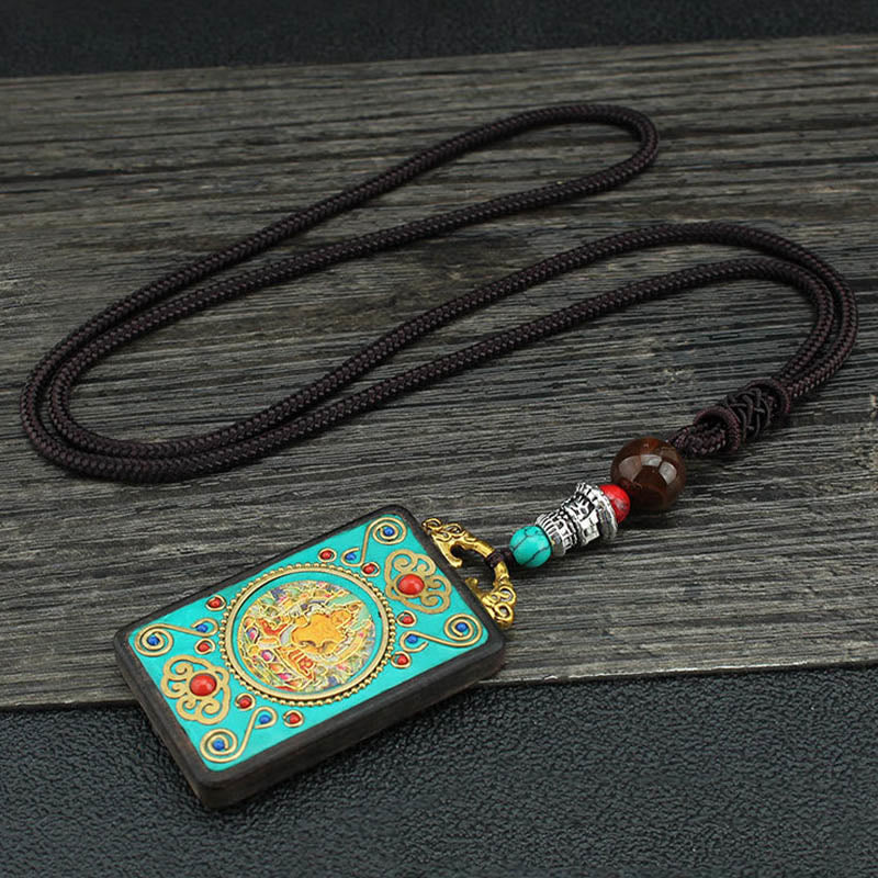 Buddha Stones Tibet Dio della Ricchezza Albero dei Soldi Fenice Dorata Thangka Ebano Collana Pendente della Pace