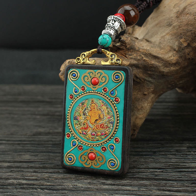 Buddha Stones Tibet Dio della Ricchezza Albero dei Soldi Fenice Dorata Thangka Ebano Collana Pendente della Pace