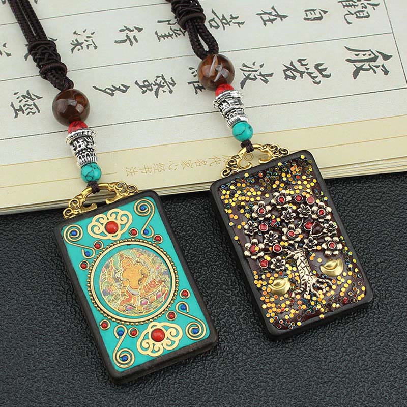 Buddha Stones Tibet Dio della Ricchezza Albero dei Soldi Fenice Dorata Thangka Ebano Collana Pendente della Pace