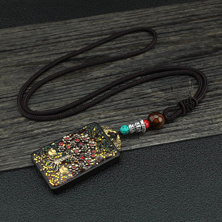 Buddha Stones Tibet Dio della Ricchezza Albero dei Soldi Fenice Dorata Thangka Ebano Collana Pendente della Pace
