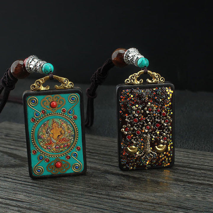 Buddha Stones Tibet Dio della Ricchezza Albero dei Soldi Fenice Dorata Thangka Ebano Collana Pendente della Pace
