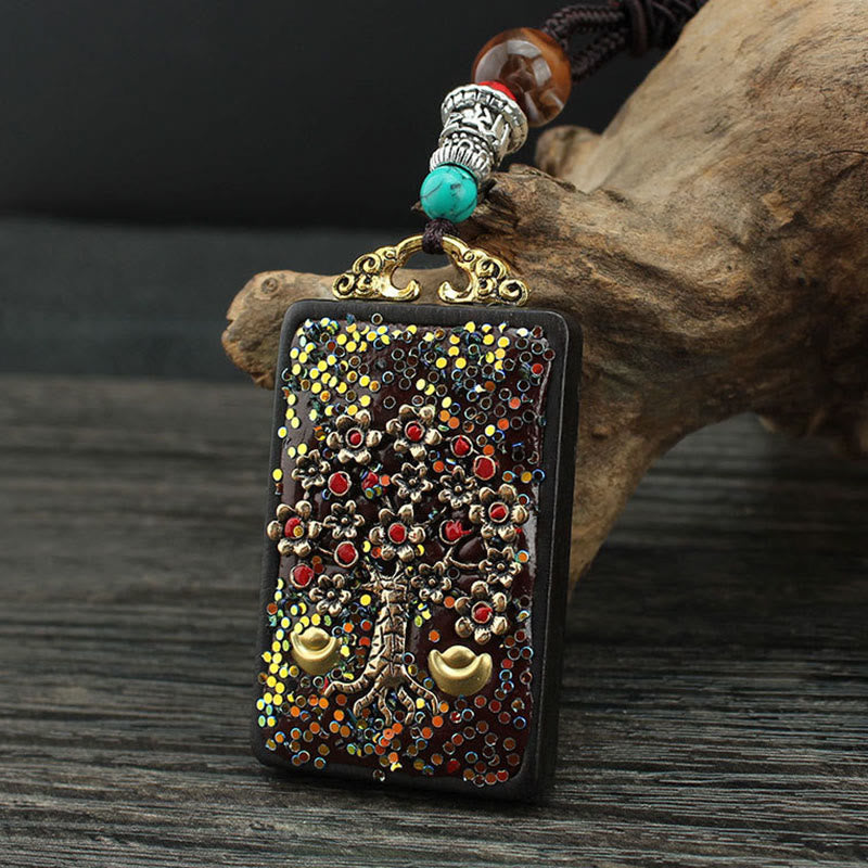 Buddha Stones Tibet Dio della Ricchezza Albero dei Soldi Fenice Dorata Thangka Ebano Collana Pendente della Pace
