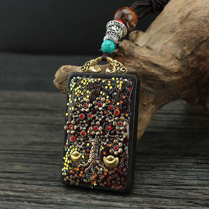 Buddha Stones Tibet Dio della Ricchezza Albero dei Soldi Fenice Dorata Thangka Ebano Collana Pendente della Pace